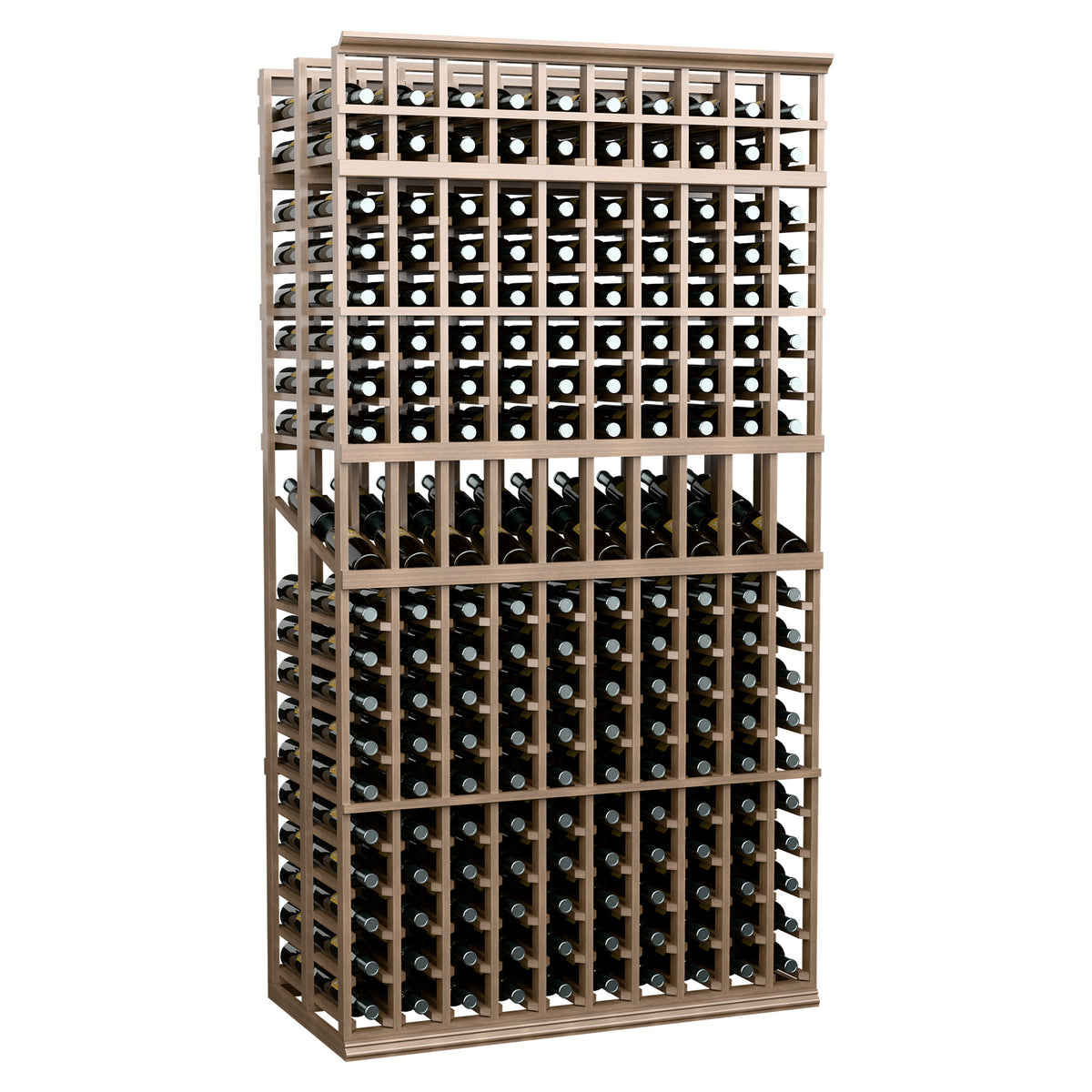 Wine display rack with 10 columns, double-deep bottle slots, light wood frame, grid