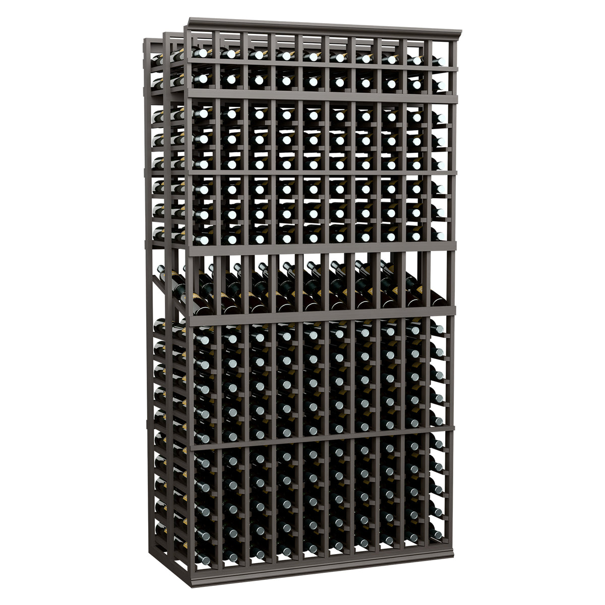 Wine display rack with 10 columns, double-deep bottle slots, dark metal frame