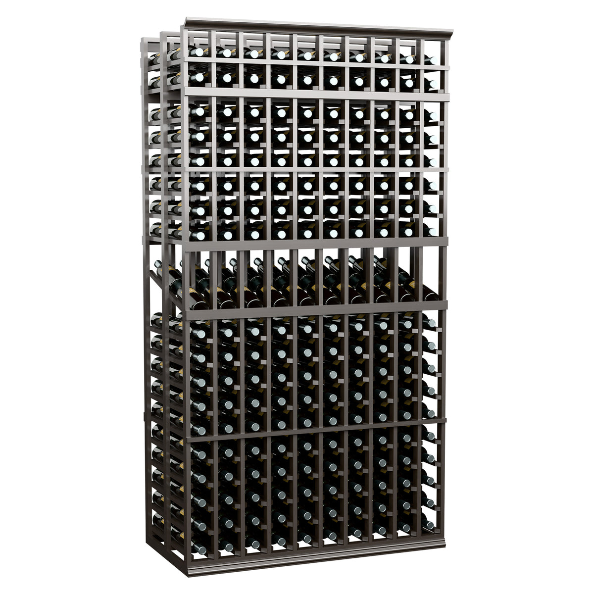 Wine display rack with 10 columns, double-deep bottle slots, dark metal grid front