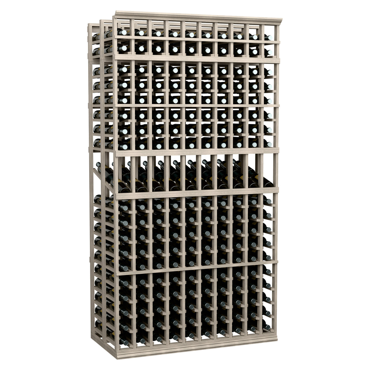 Double-deep wine display rack, white frame, black bottle slots (10 rows)