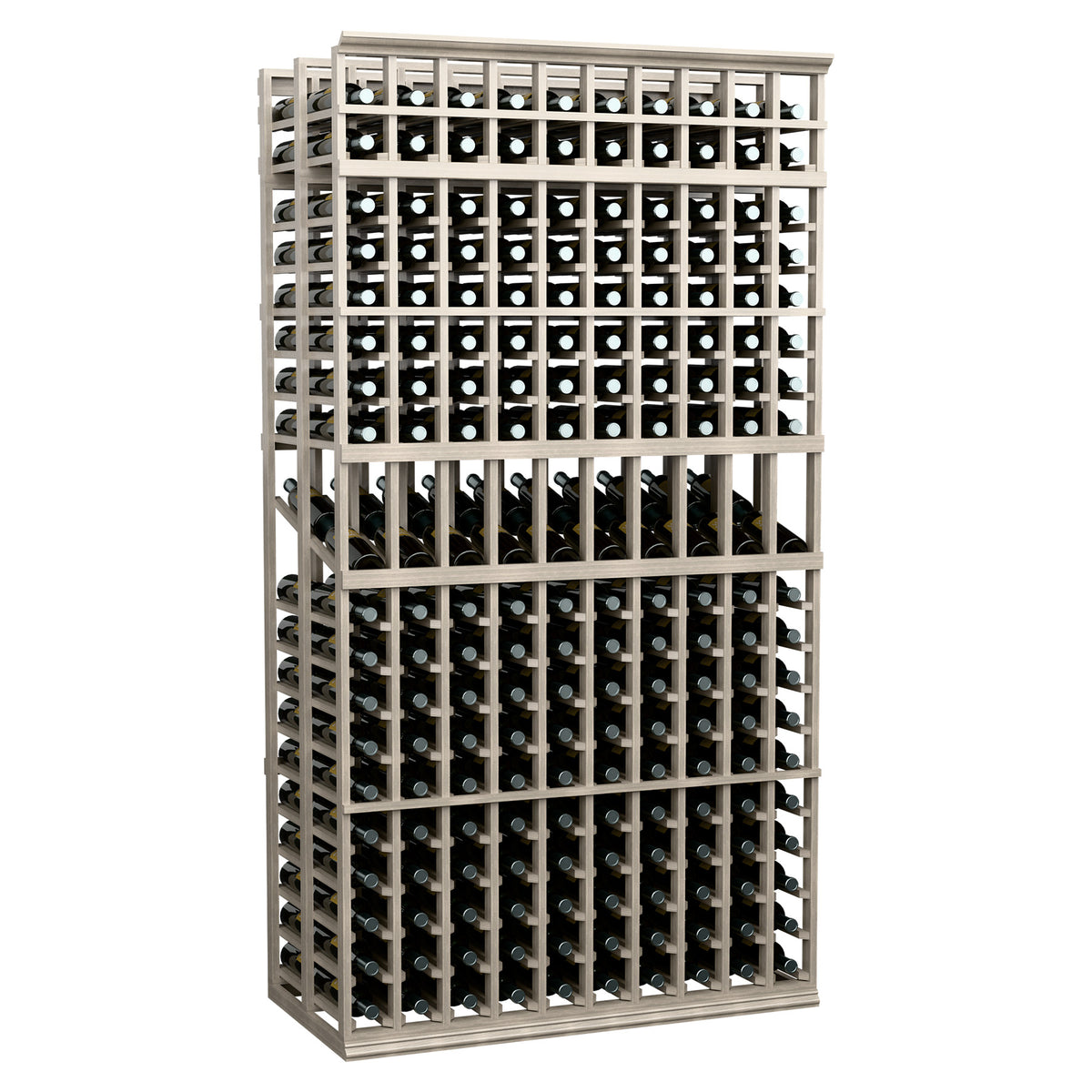 Double-deep wine display rack, white frame, black bottle slots (10 rows)