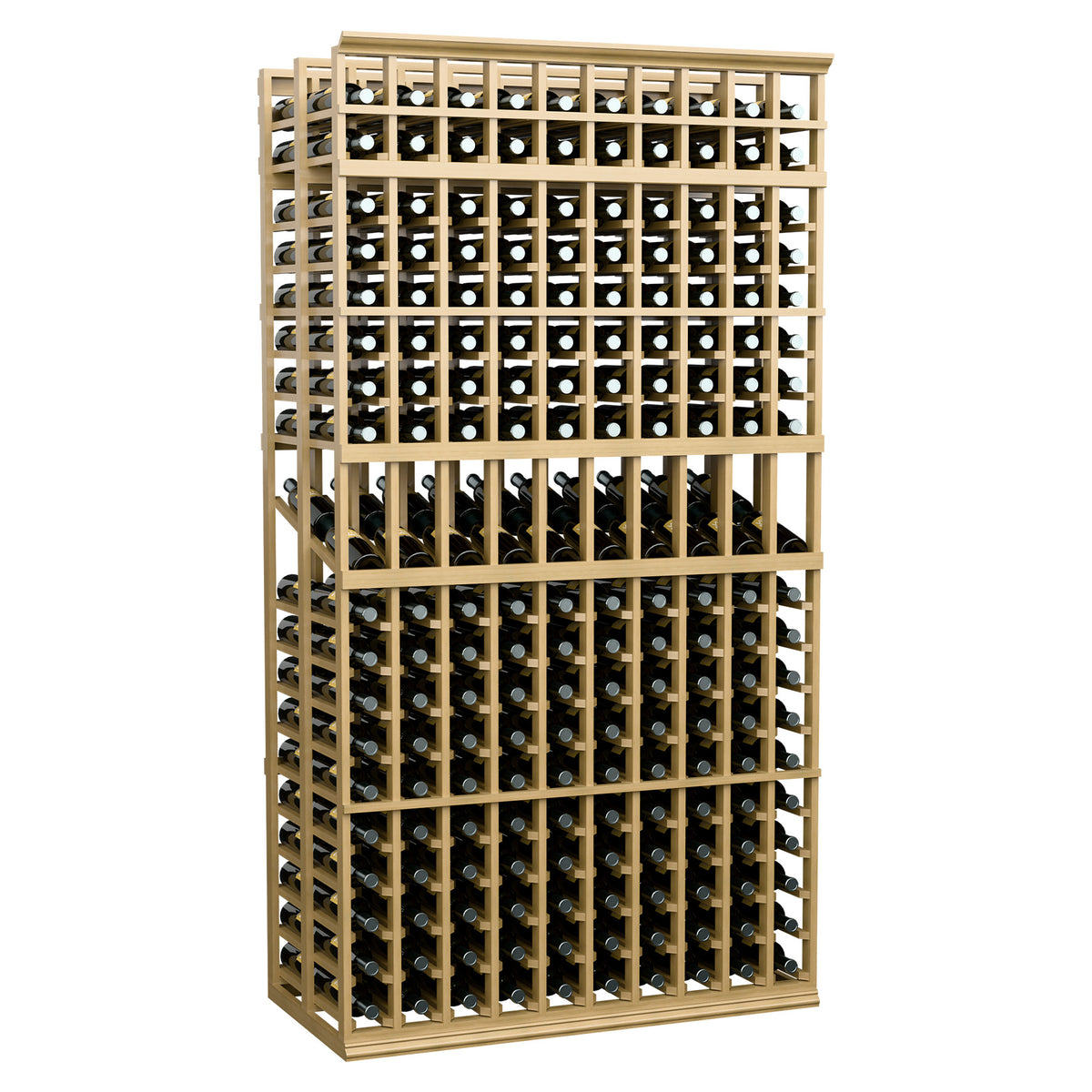 Double-deep wine display rack, natural wood frame, black bottle slots (10 rows)