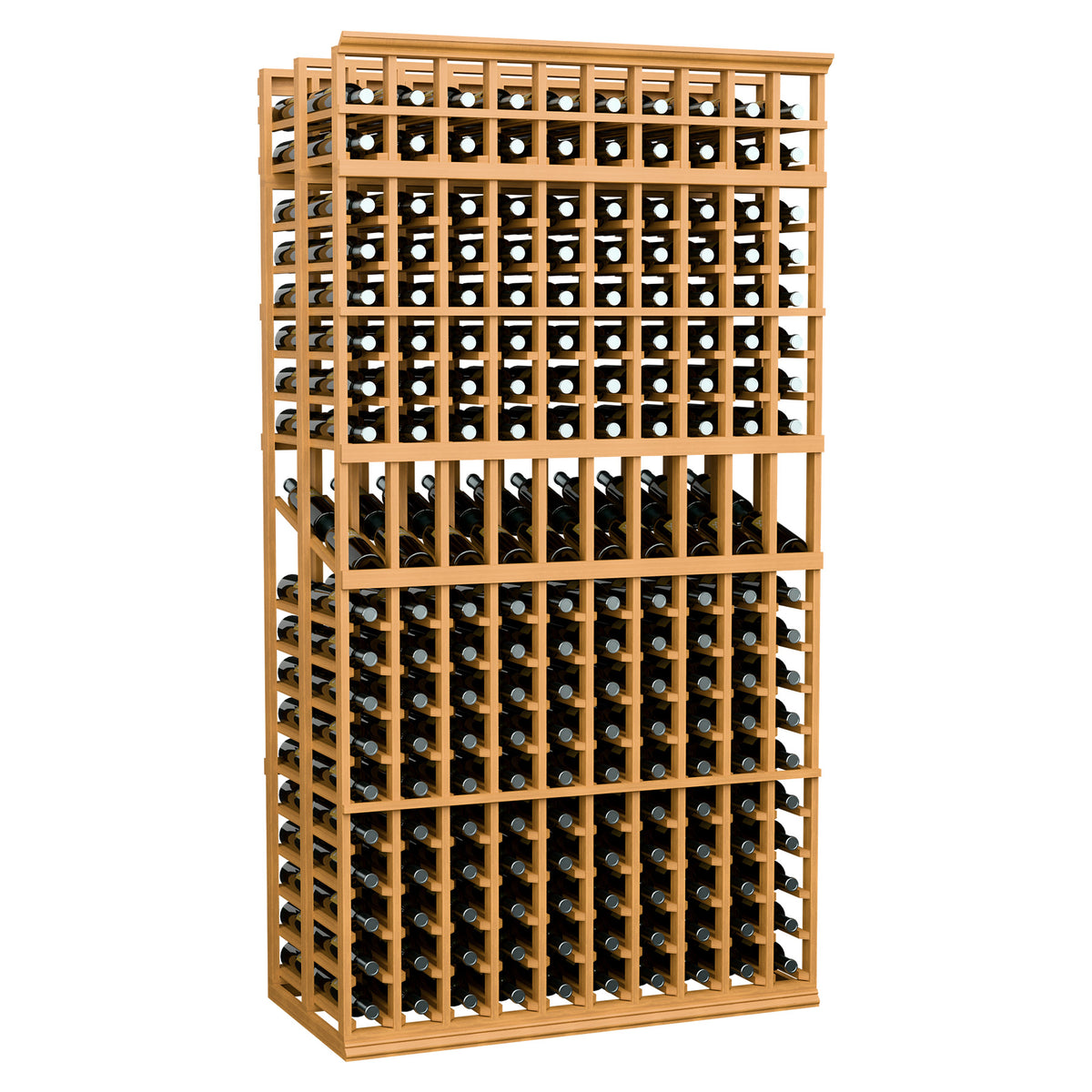 Double-deep wine display rack, light wood frame, black bottle slots (10 rows)
