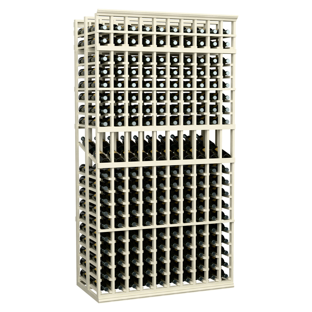 Double-deep wine display rack, white frame, black bottle slots (10 rows)