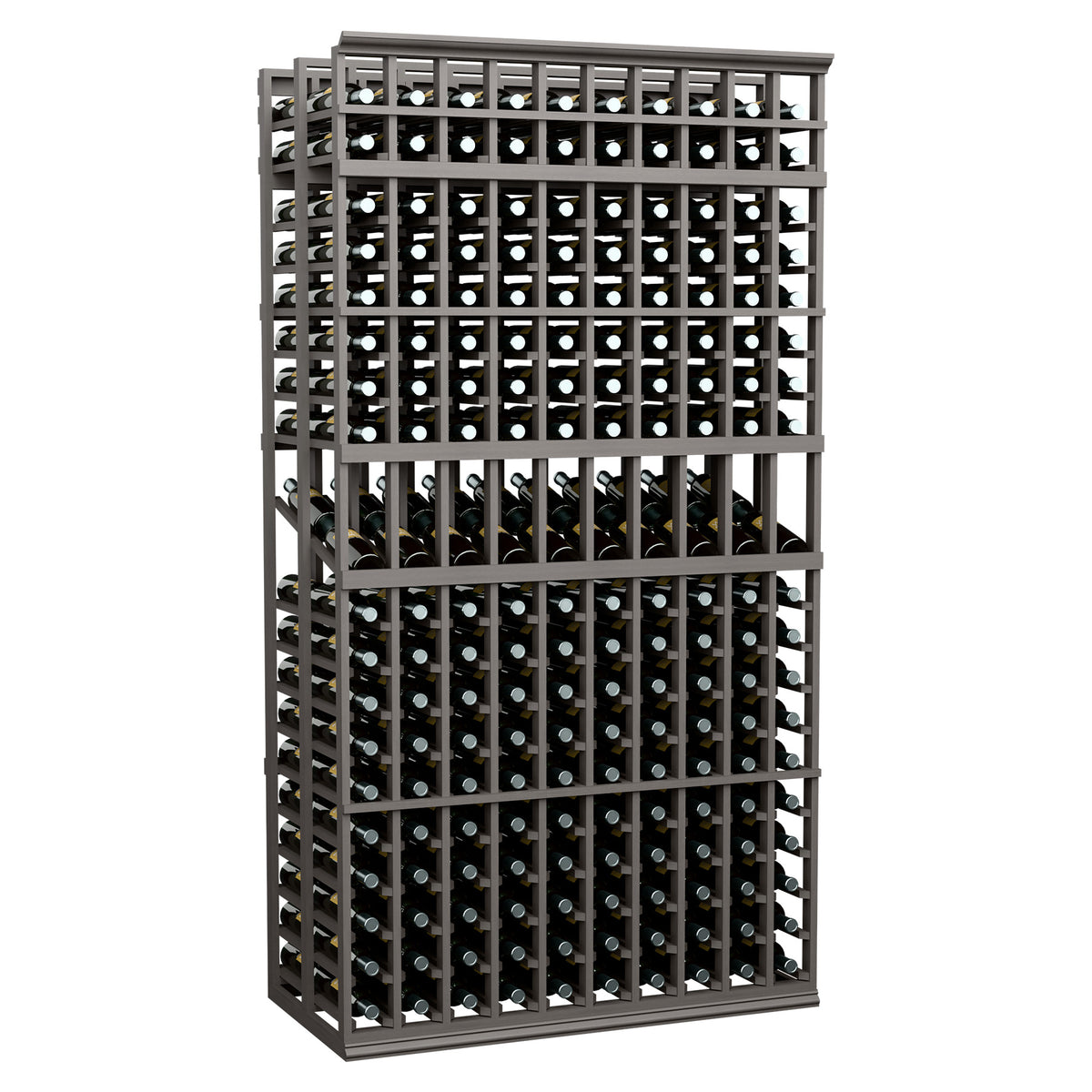Double-deep 10-column wine display rack in dark stained wood with grid bottle slots