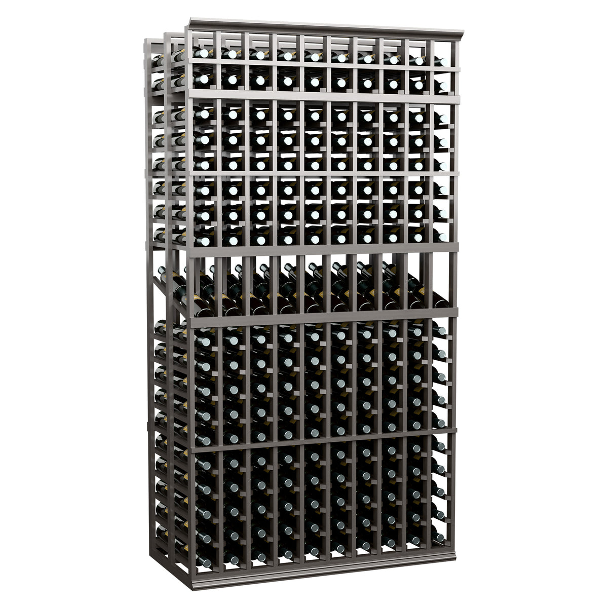 Double-deep 10-column wine display rack in dark stained wood, front view with bottle slots