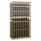 Double-deep 10-column wine display rack in light stained wood, front view with bottle slots