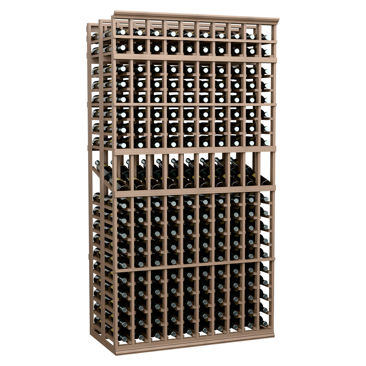 Double-deep 10-column wine display rack in light stained wood with grid bottle slots