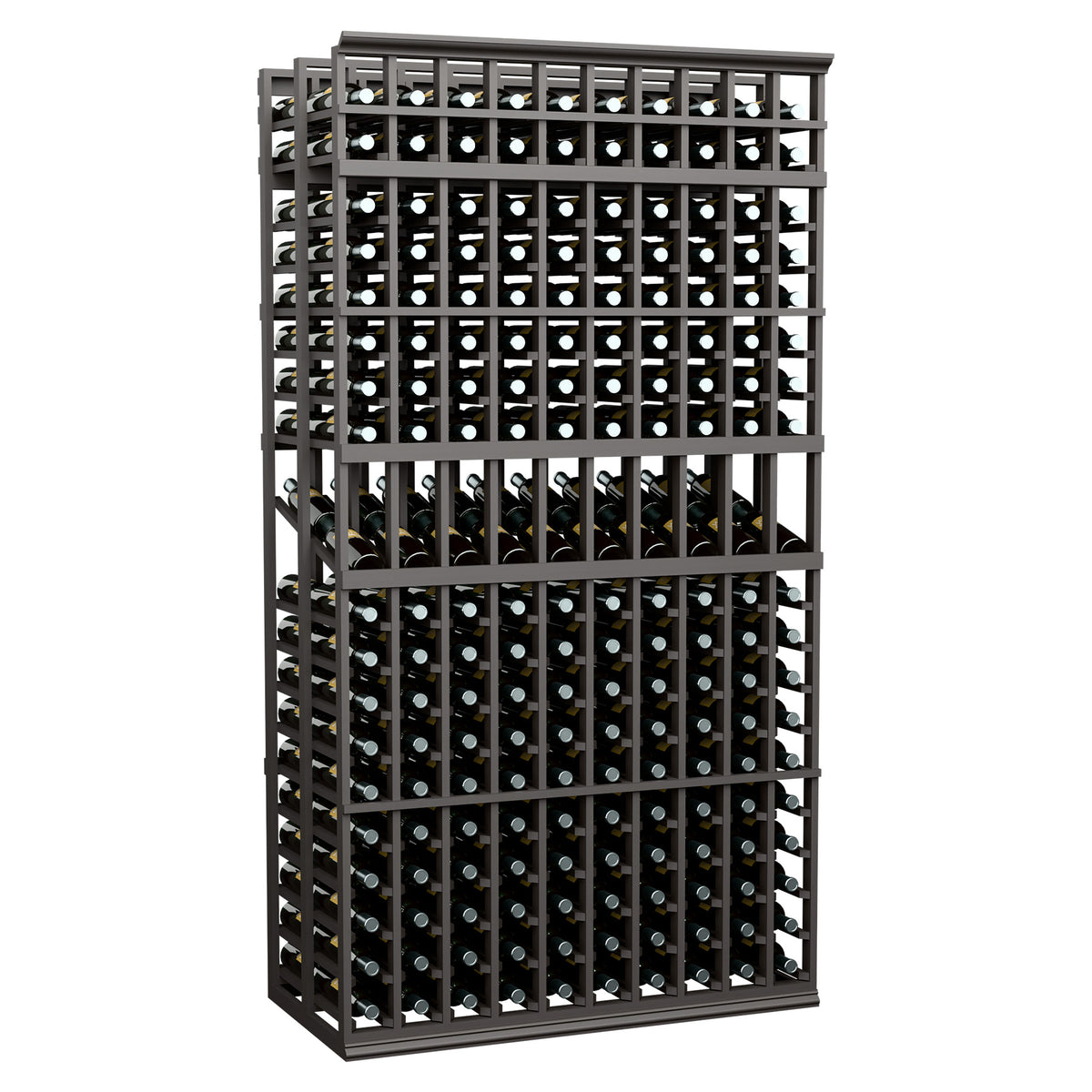 Double-deep 10-column wine display rack in dark stained wood with grid bottle slots