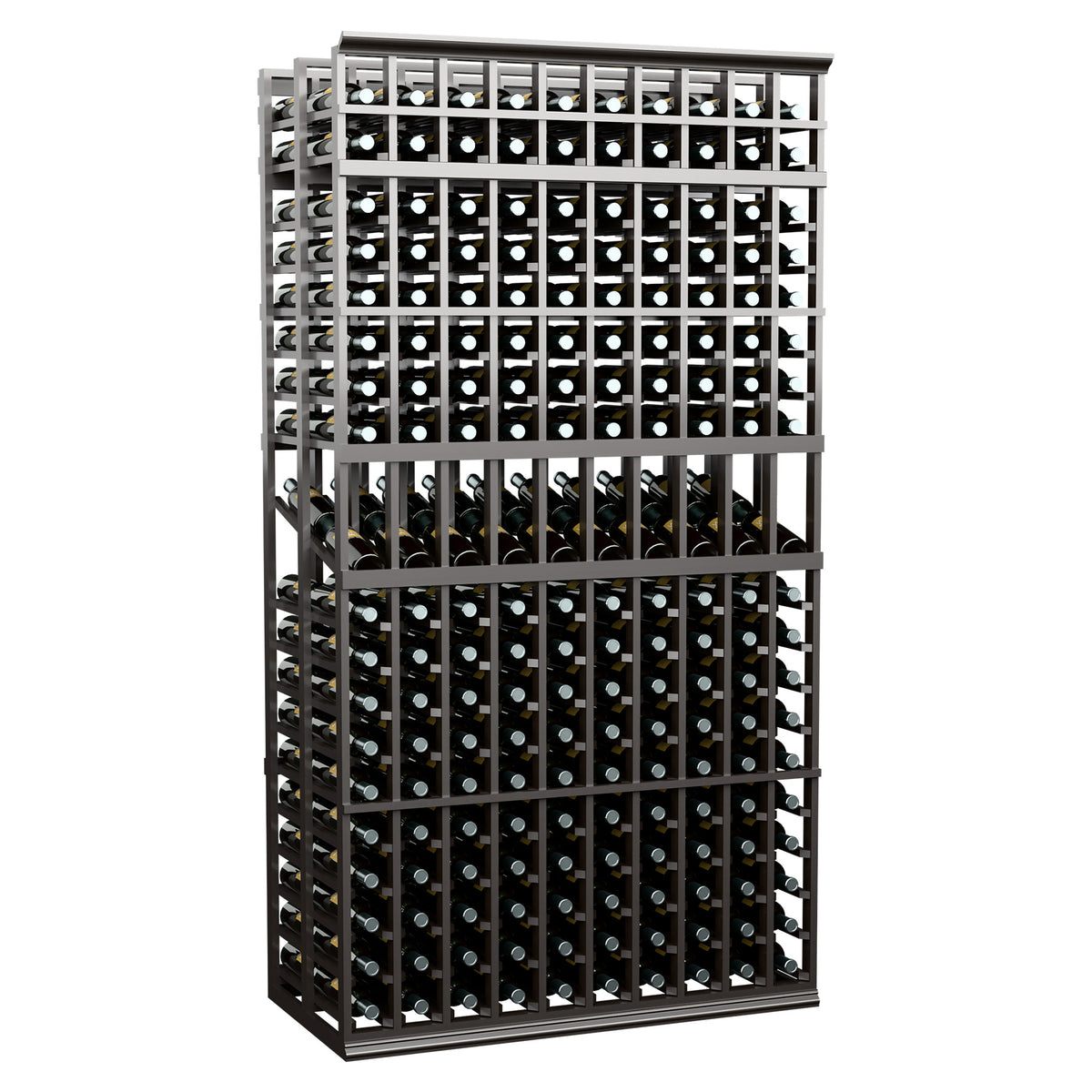 Double-deep 10-column wine display rack in dark stained wood, front view with bottle slots