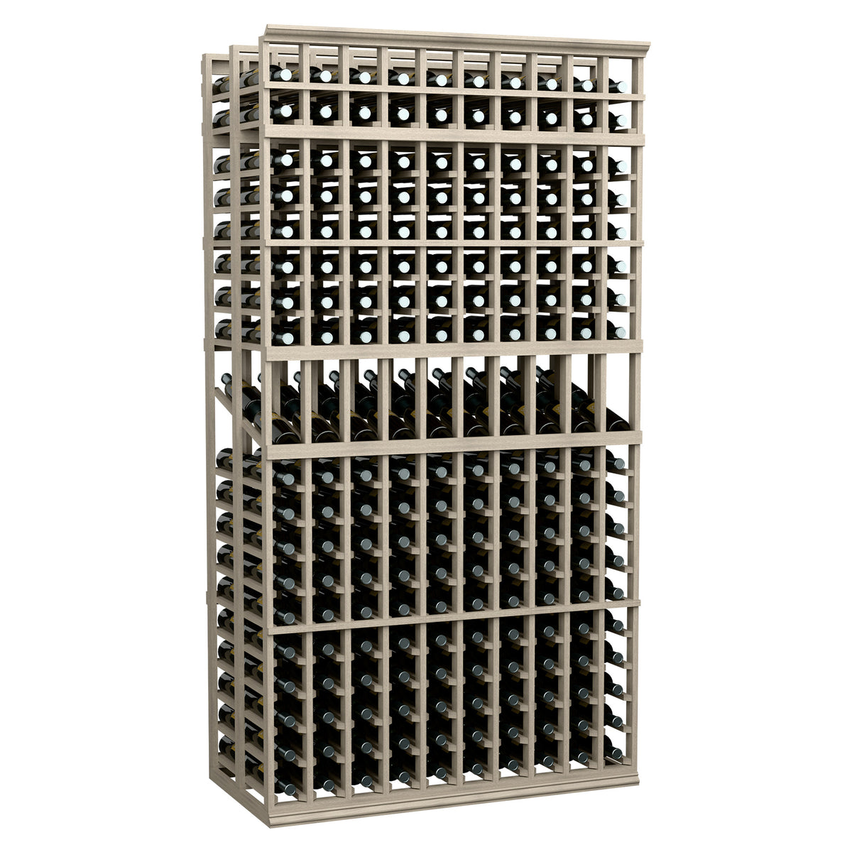 Double-deep wine display rack with 10 columns, light wood frame, bottle slots