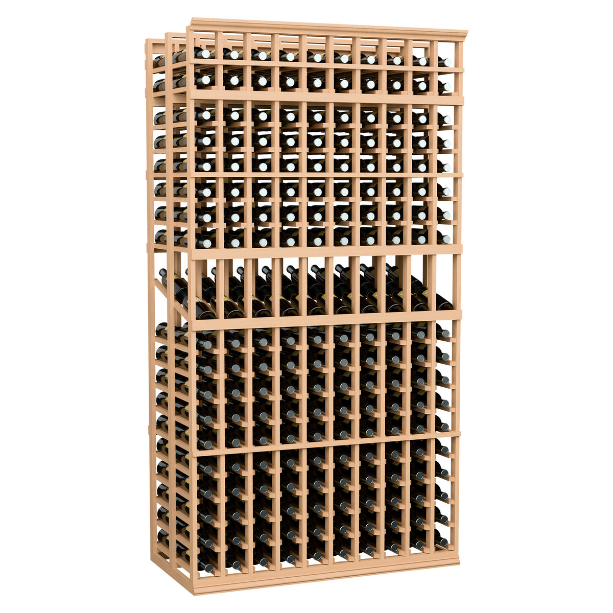 Double-deep wine display rack with 10 columns, natural wood frame, bottle slots