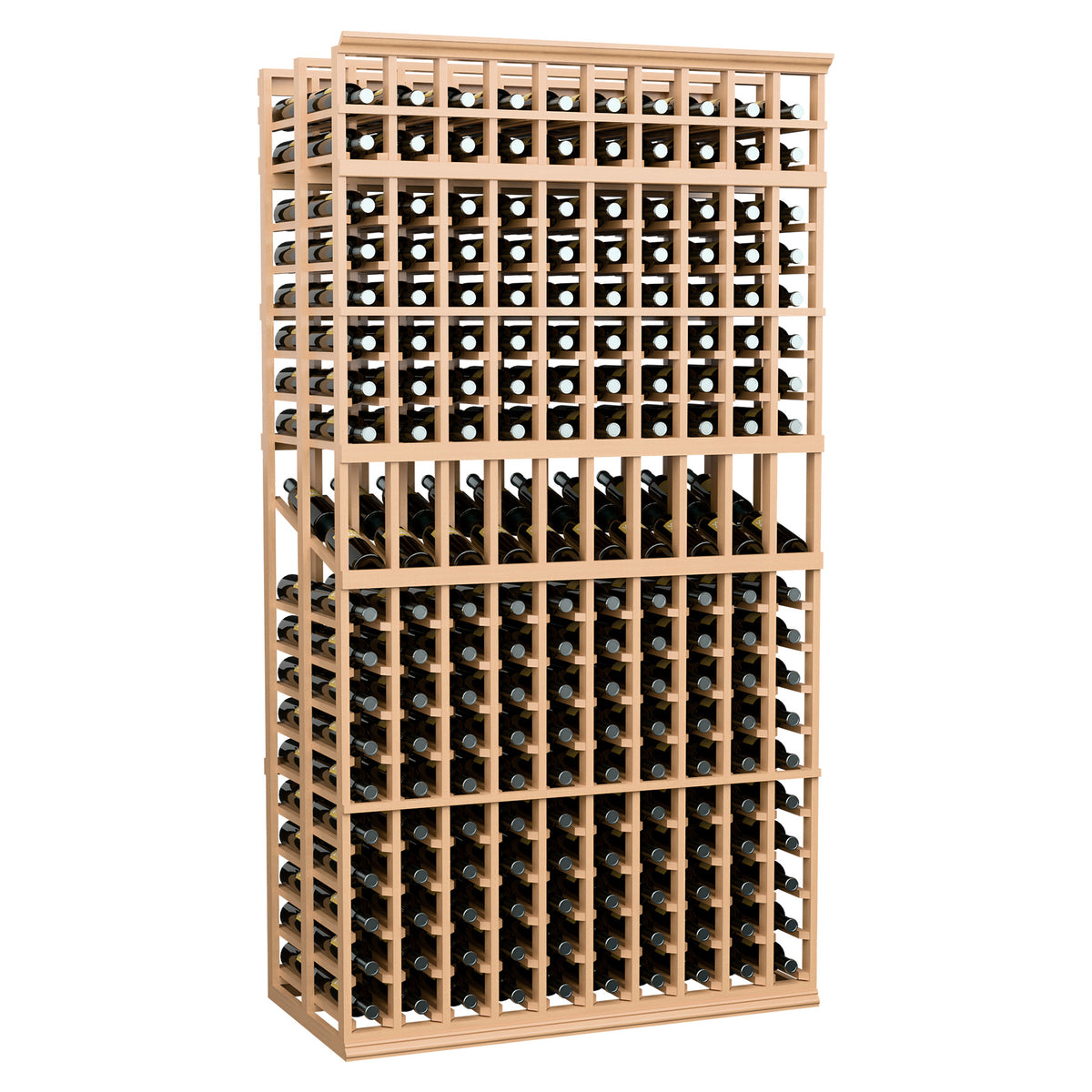 Double-deep wine display rack with 10 columns, natural wood frame, bottle grid