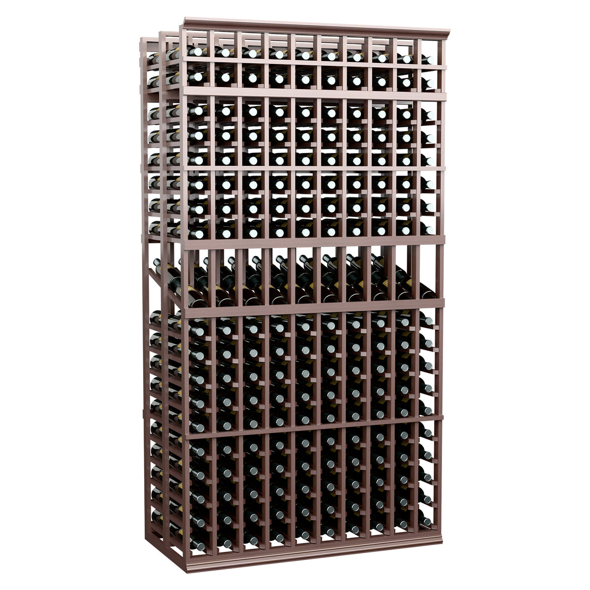 Double-deep wine display rack with 10 columns, dark wood frame, bottle grid