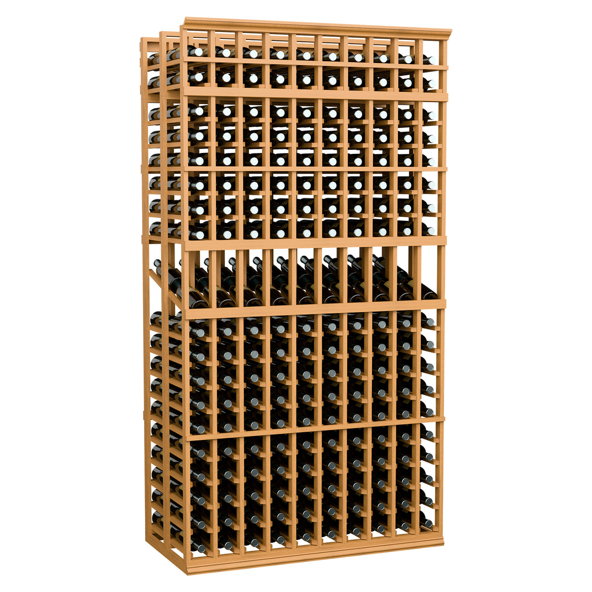 Double-deep wine display rack with 10 columns, golden wood frame, bottle slots