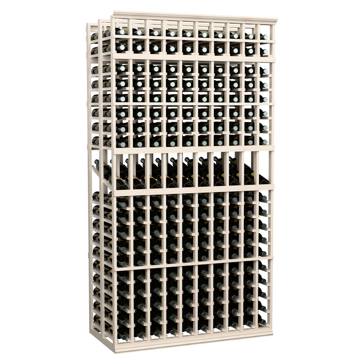 Double-deep wine display rack with 10 columns, light wood frame, bottle grid