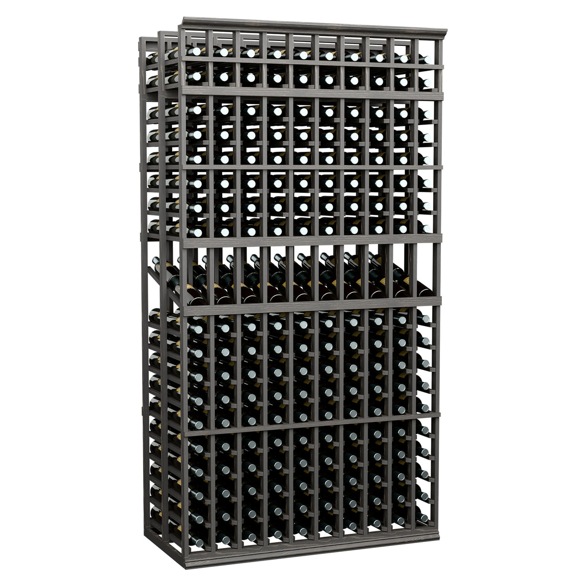 10-column double-deep wine display rack with dark frame and bottle openings, 7-ft tall