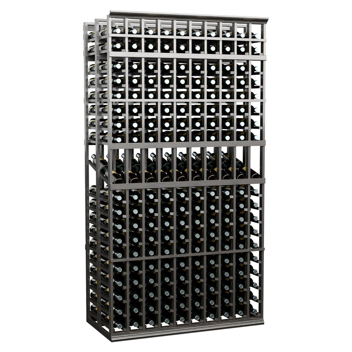 10-column double-deep wine display rack with dark frame and bottle openings, 7-ft tall