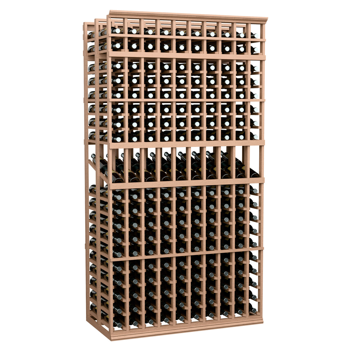 10-column double-deep wine display rack with light wood frame and bottle openings, 7-ft tall