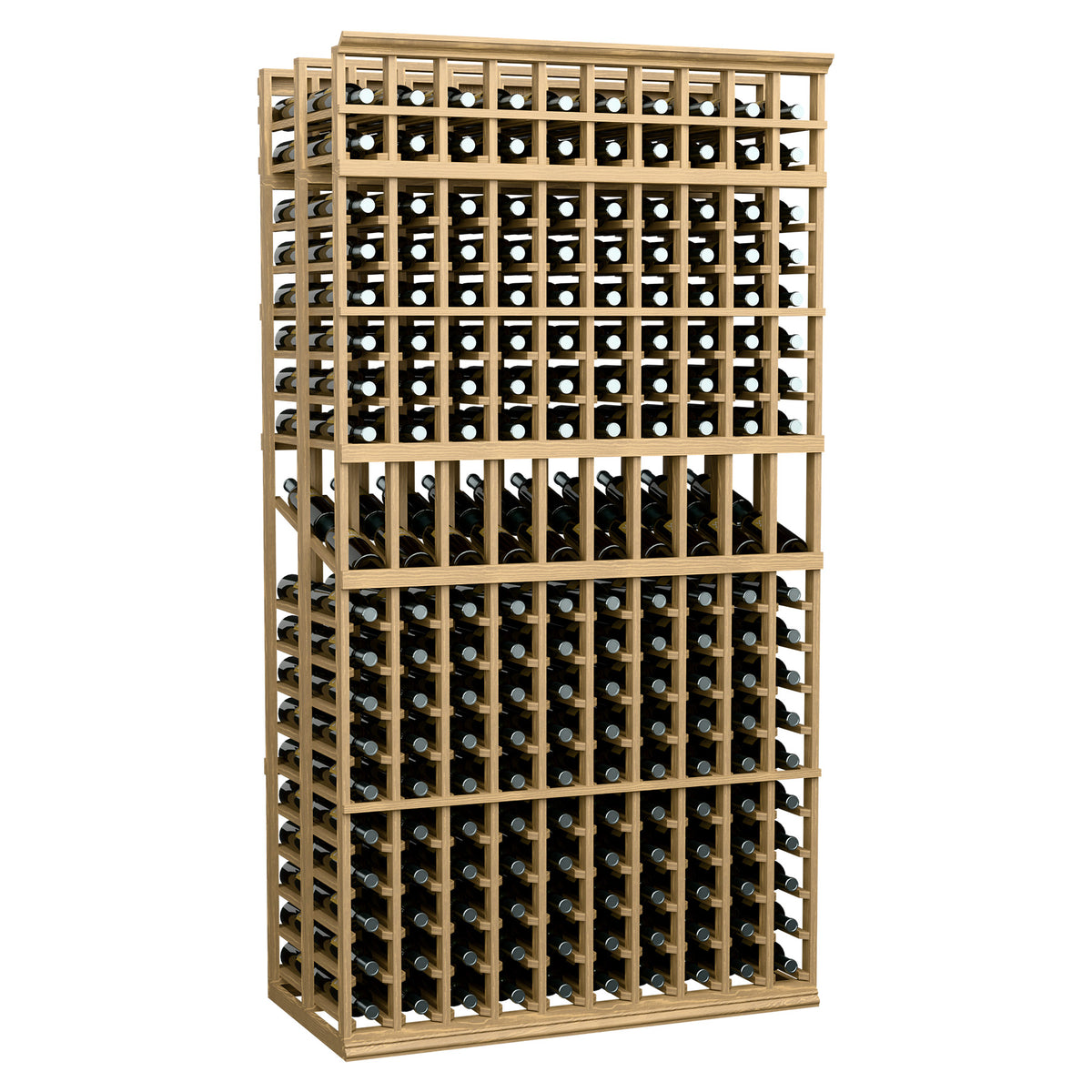 10-column double-deep wine display rack with pale wood frame and bottle openings, 7-ft tall