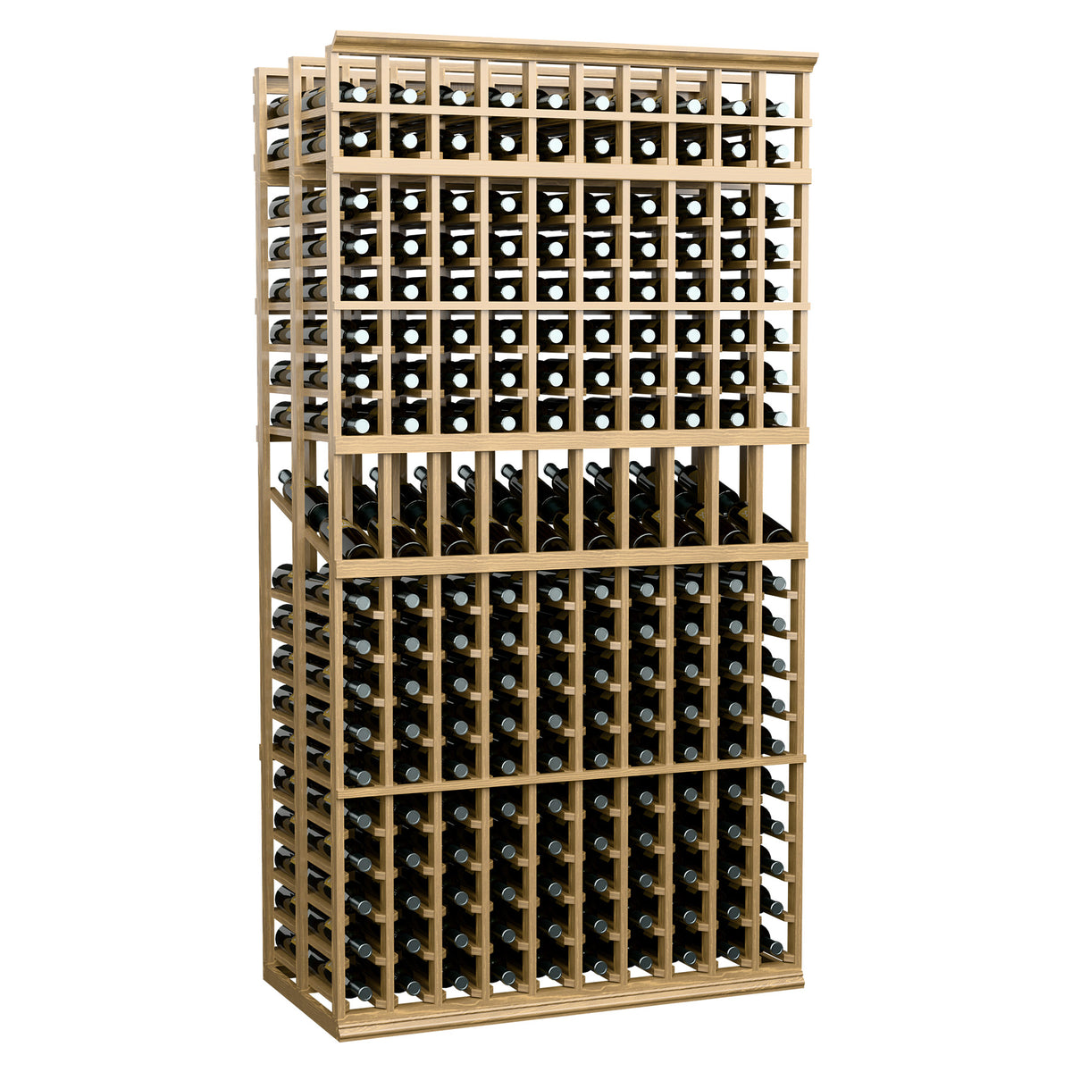10-column double-deep wine display rack with pale wood frame and bottle openings, 7-ft tall
