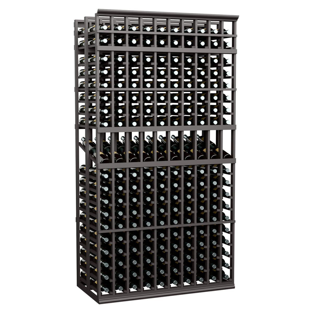 10-column double-deep wine display rack with dark frame and bottle openings, 7-ft tall