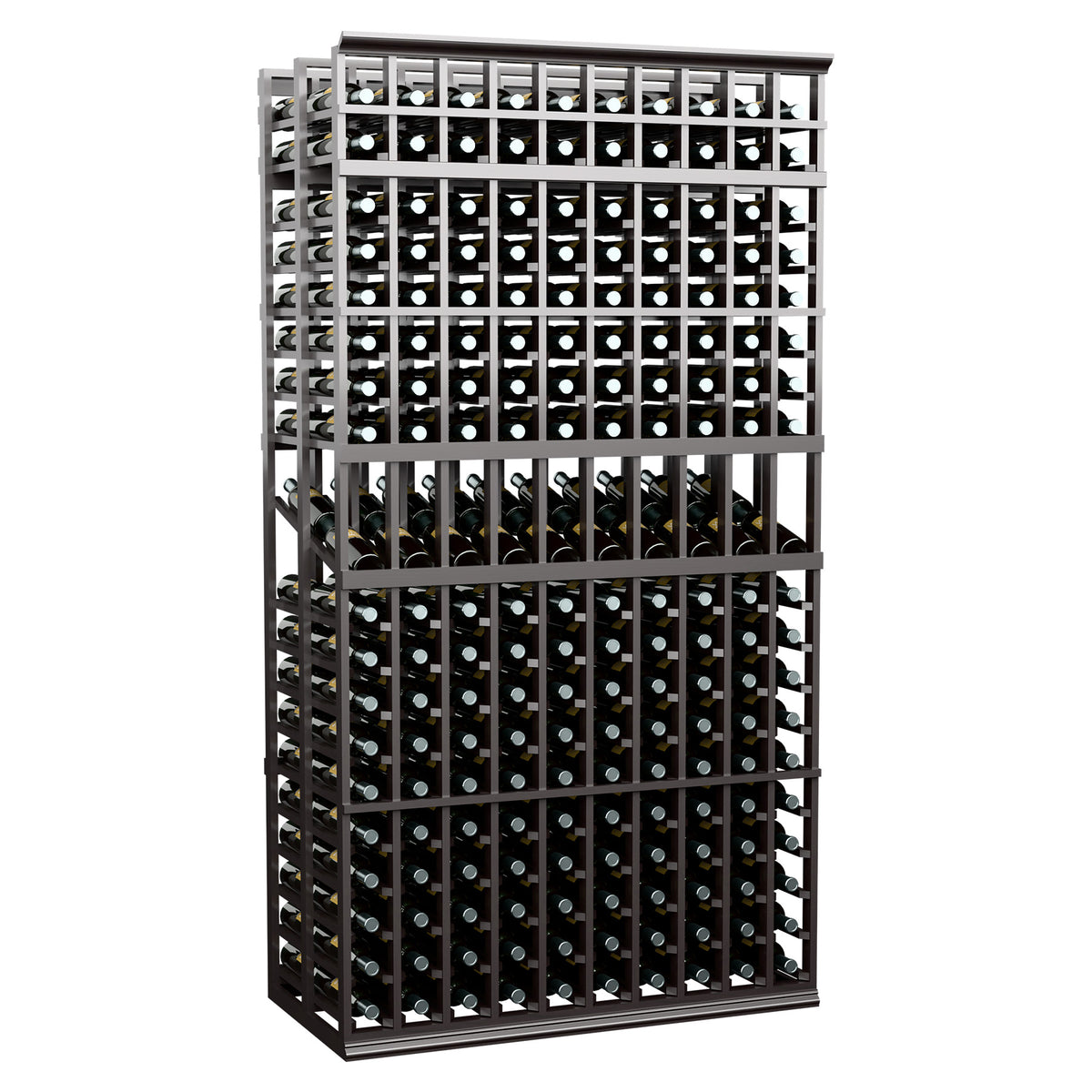 10-column double-deep wine display rack with dark frame and bottle openings, 7-ft tall