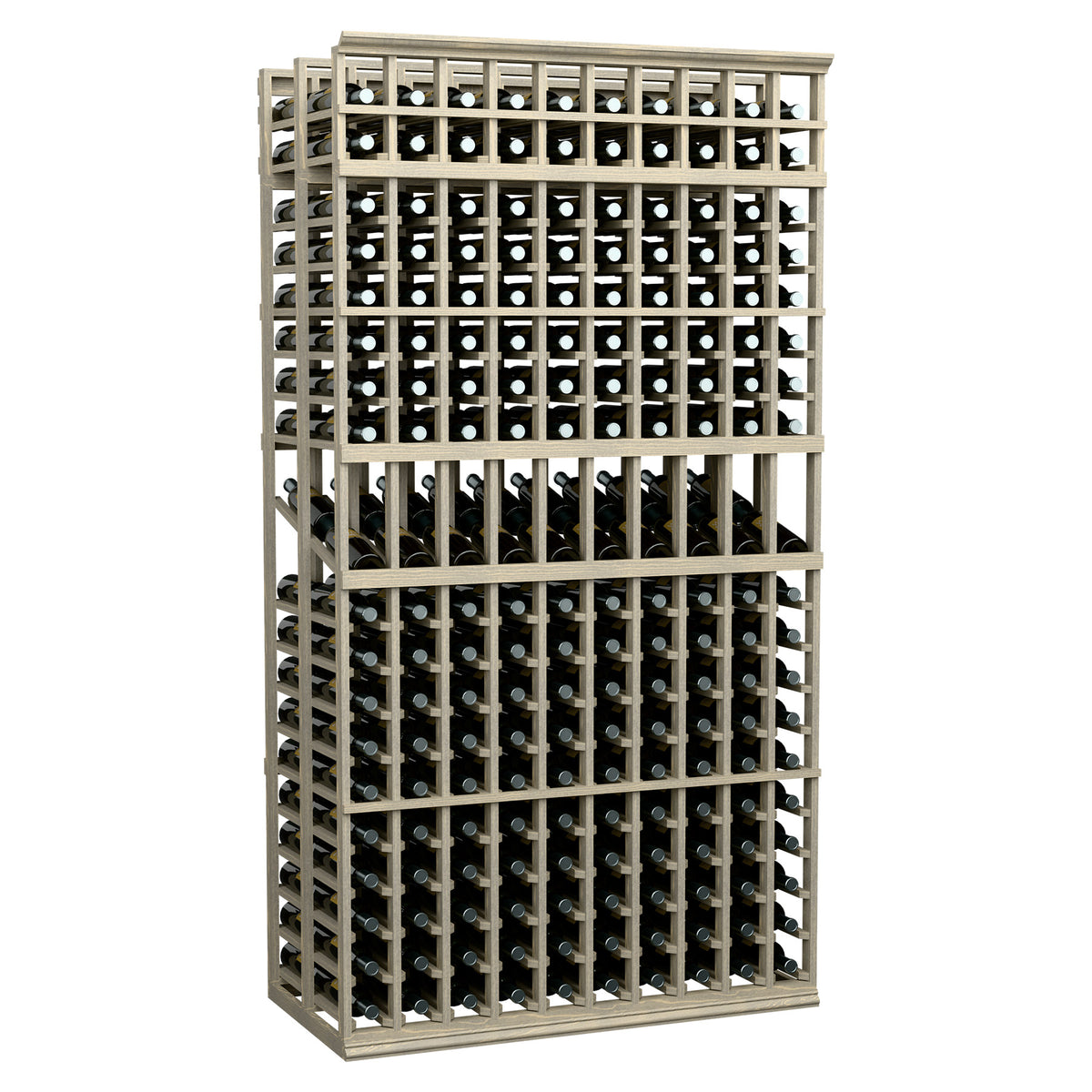 Wine bottle display rack with 10 columns, double deep, 7 ft, light wood frame