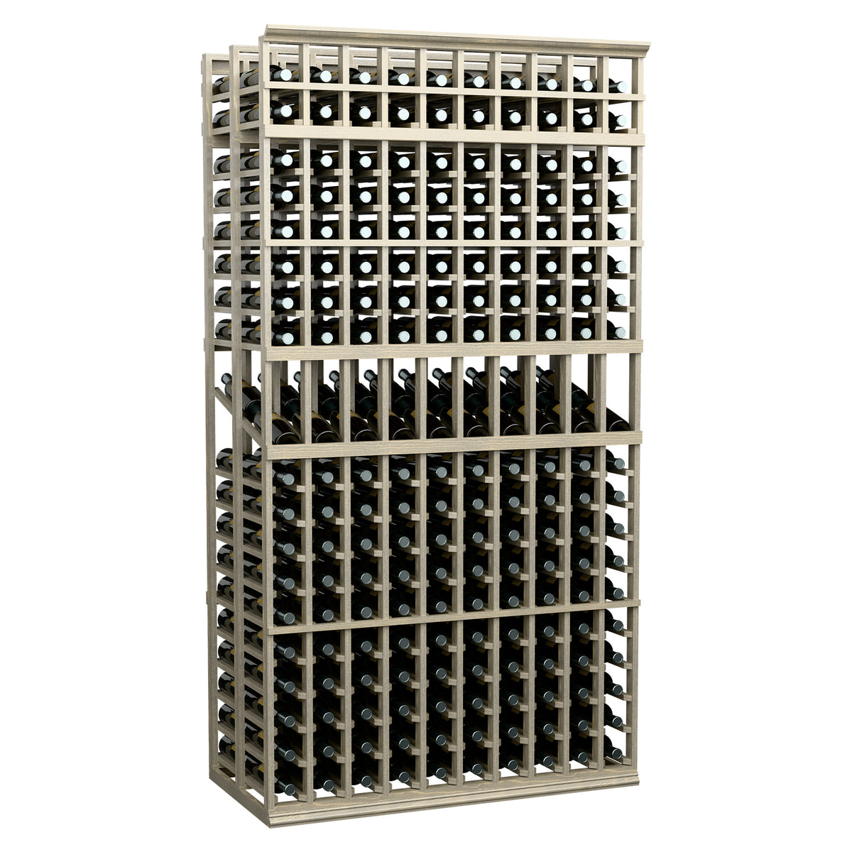 Wine bottle display rack with 10 columns, double deep, 7 ft, light wood frame