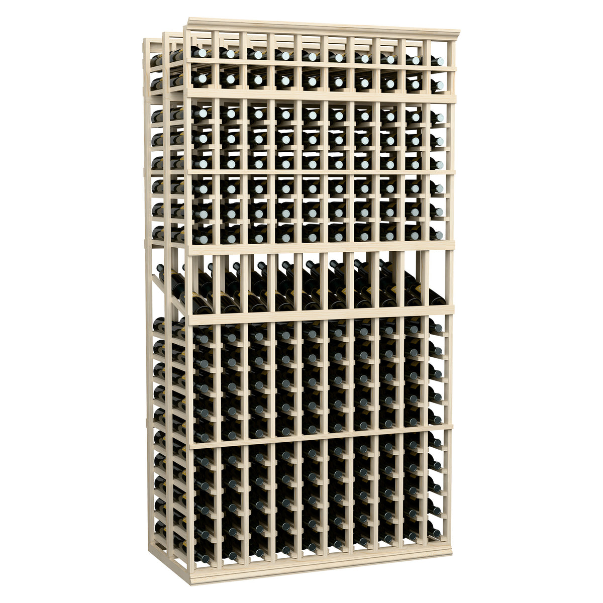 Wine bottle display rack with 10 columns, double deep, 7 ft, light wood frame