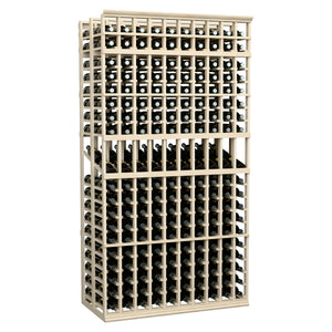 Wine bottle display rack with 10 columns, double deep, 7 ft, light wood frame