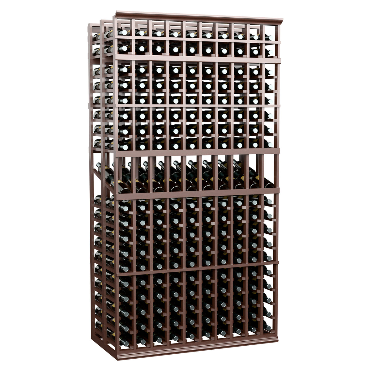 Wine bottle display rack with 10 columns, double deep, 7 ft, dark wood frame