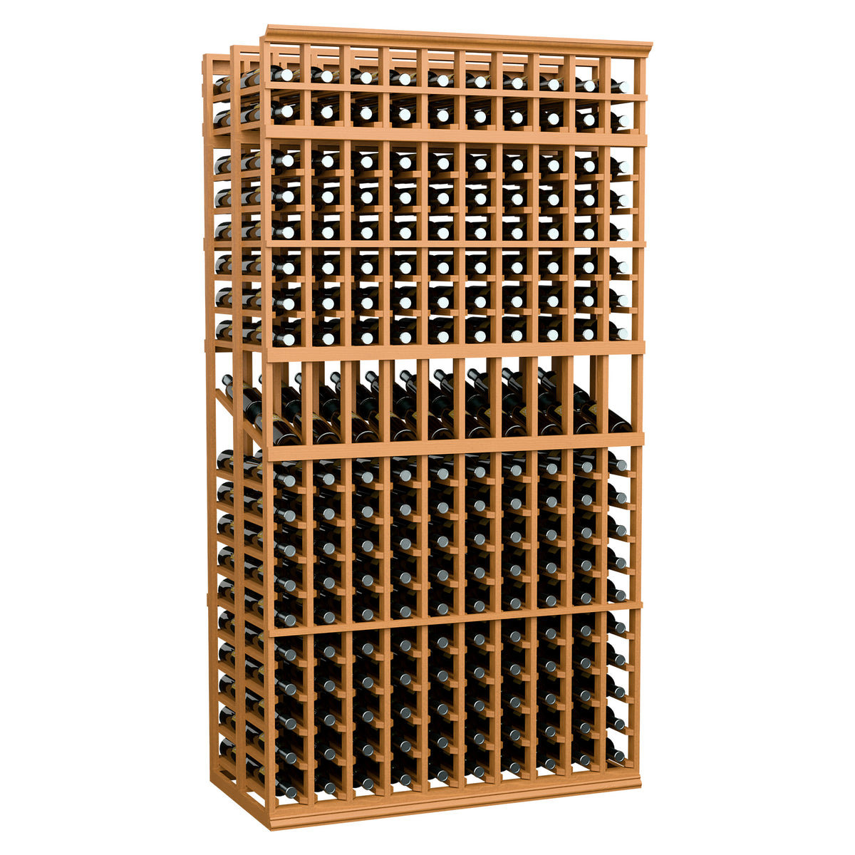 Wine bottle display rack with 10 columns, double deep, 7 ft, warm wood frame