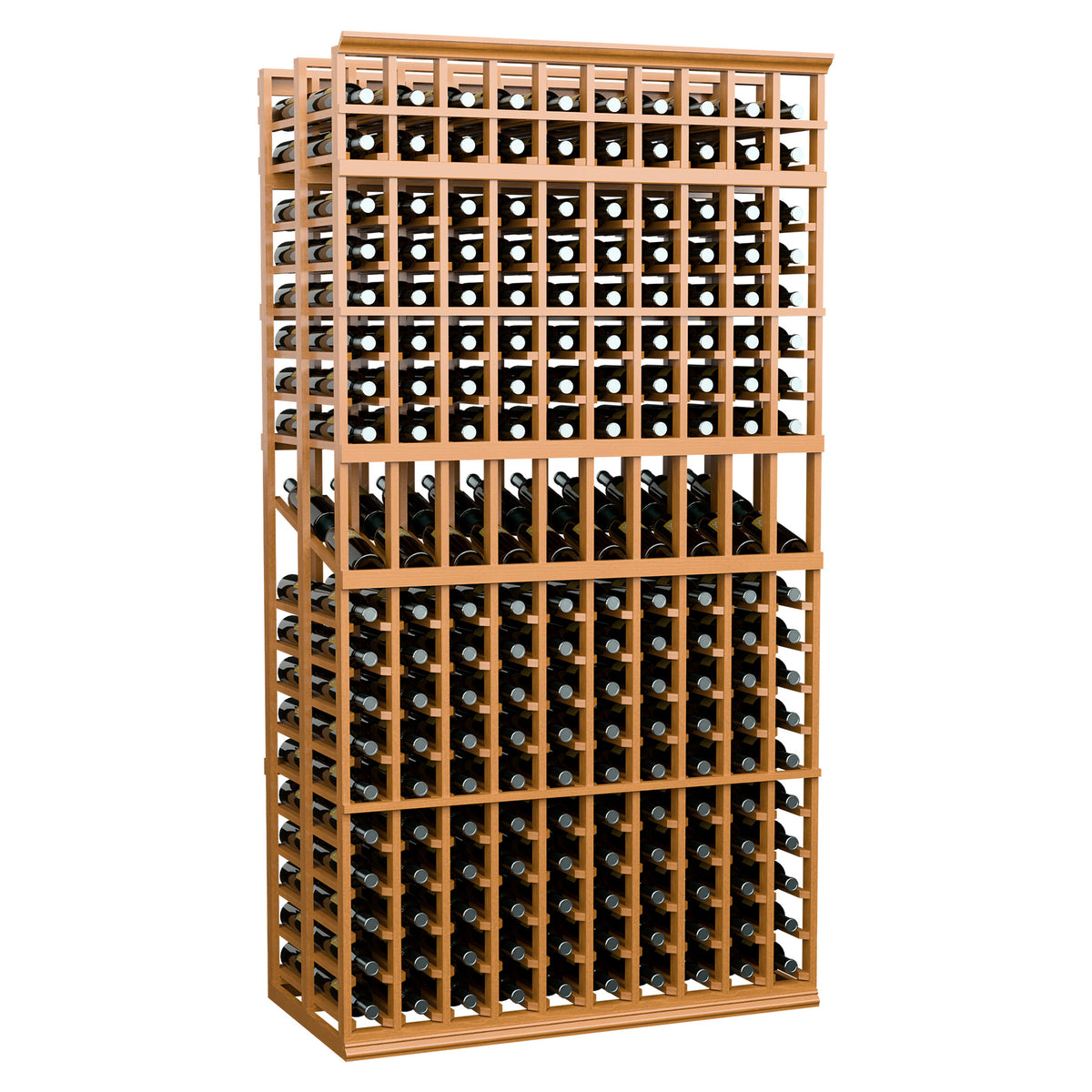 Wine bottle display rack with 10 columns, double deep, 7 ft, warm wood frame