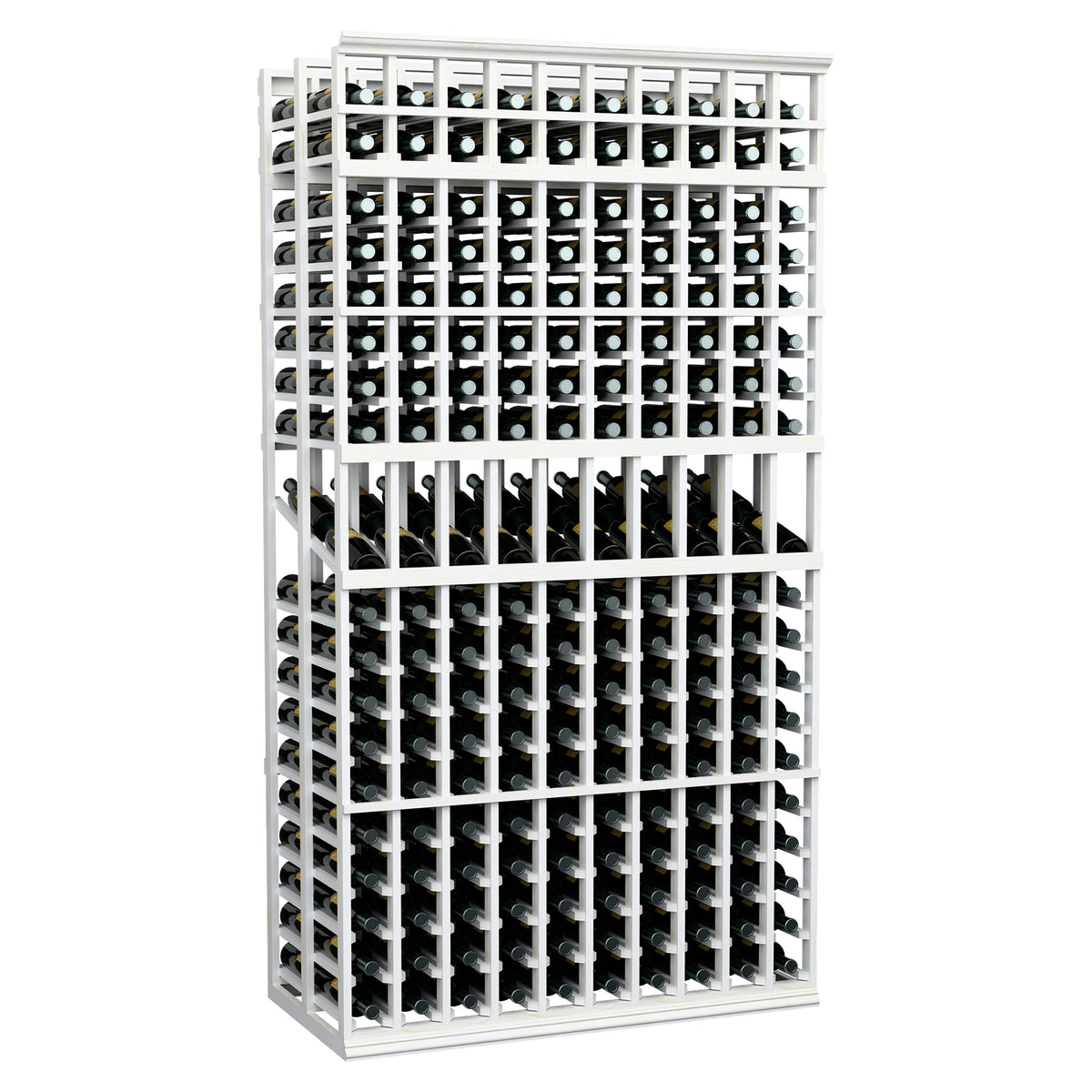 Wine bottle display rack with 10 columns, double deep, 7 ft, white wood frame