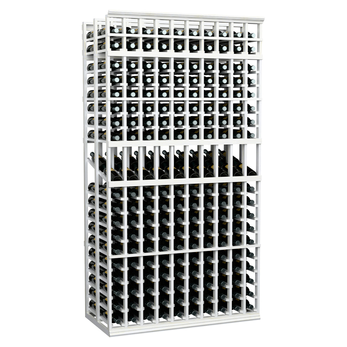 Wine bottle display rack with 10 columns, double deep, 7 ft, white wood frame