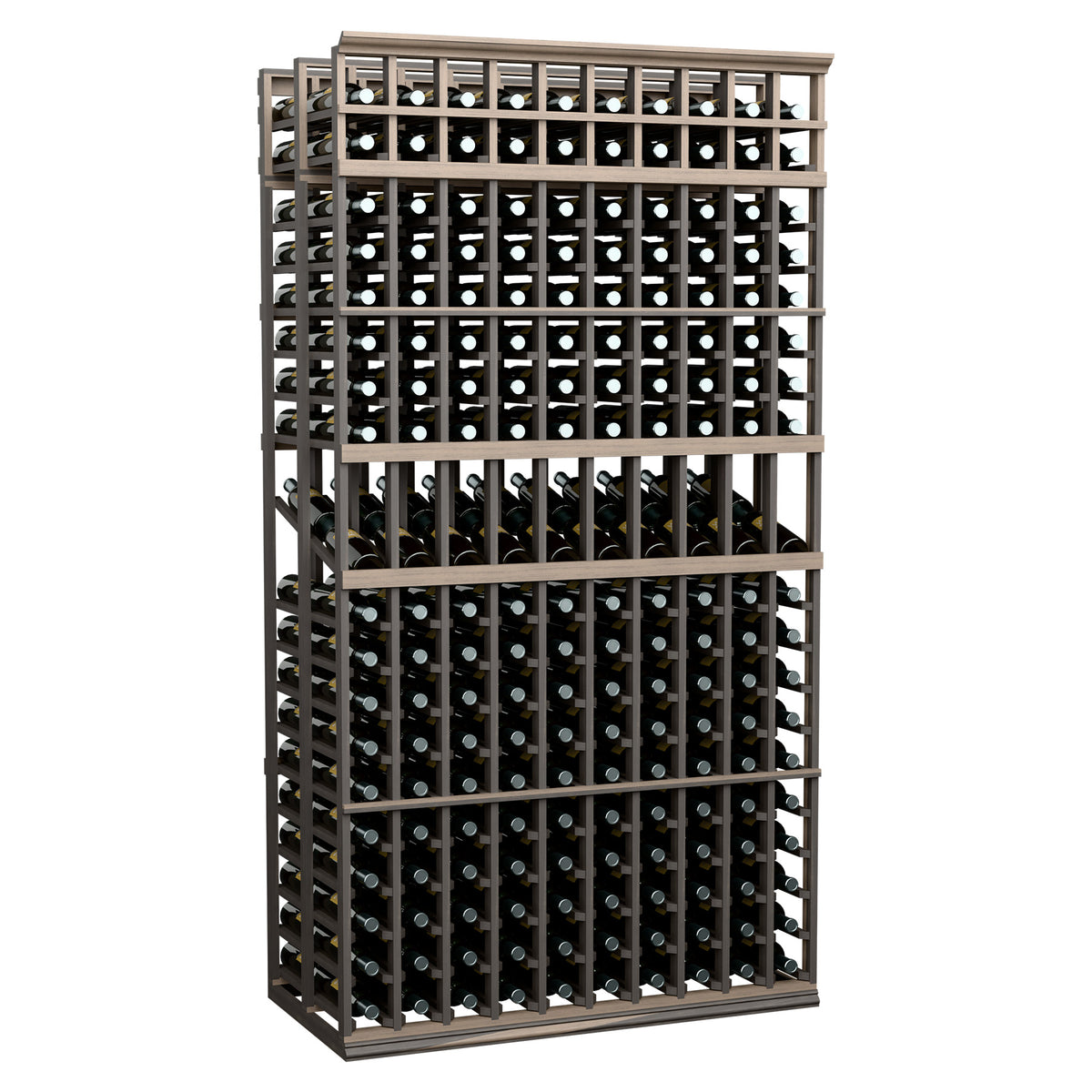 Double deep wine display rack with 10 columns, dark frame and bottle slots