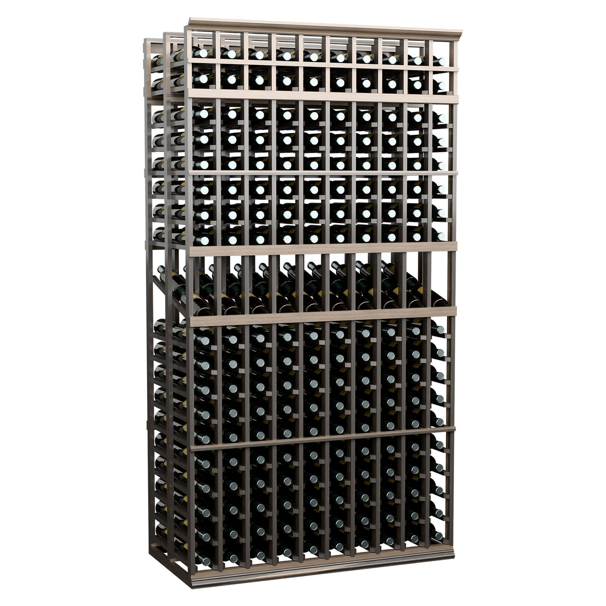 Double deep wine display rack with 10 columns, dark frame, angled view with bottle rows