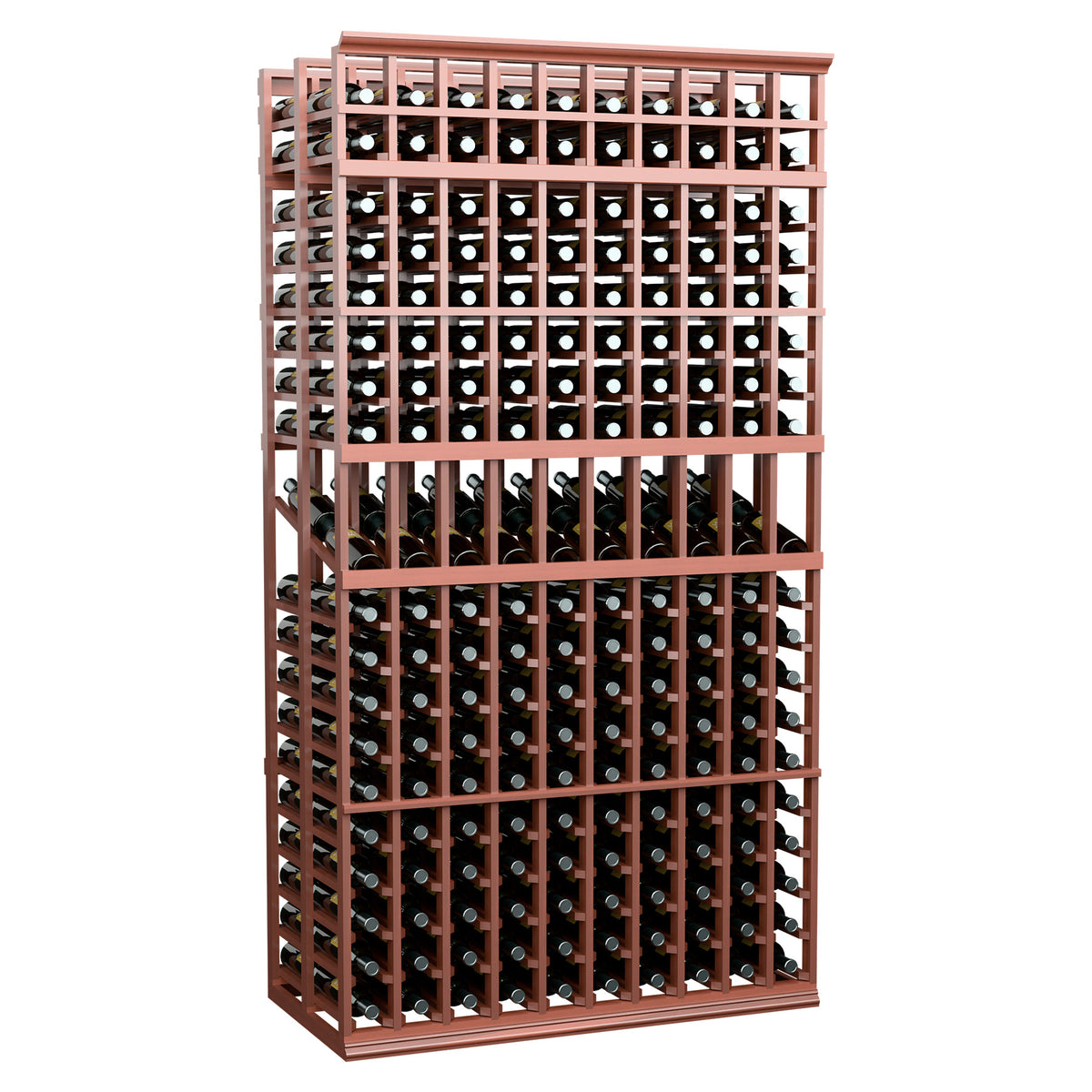 Double deep wine display rack with 10 columns, red frame, angled view with bottle rows