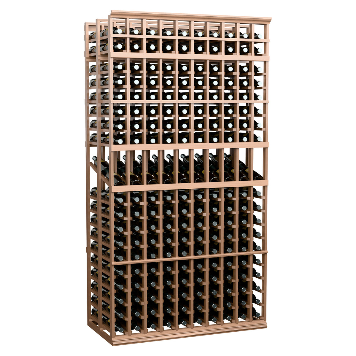 Double deep wine display rack with 10 columns, light wood frame, angled view with bottle rows