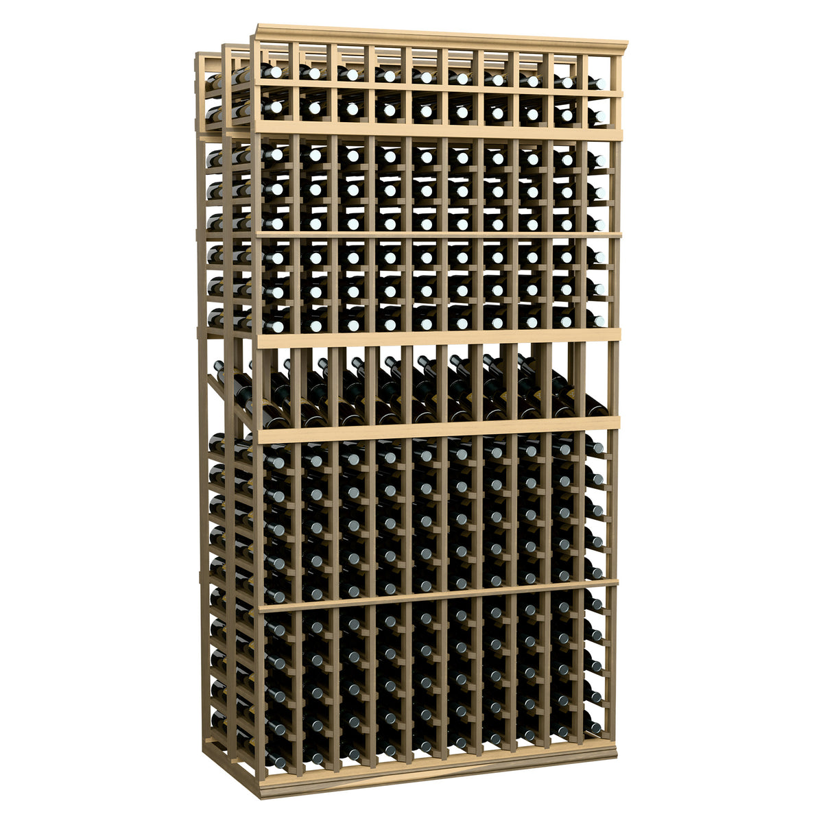 Double deep wine display rack with 10 columns, light wood frame and bottle slots