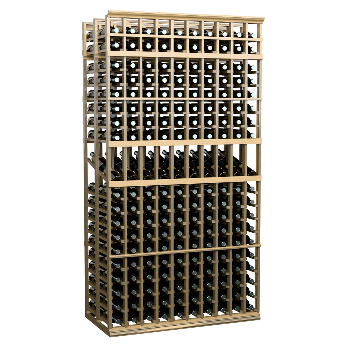 Double deep wine display rack with 10 columns, light wood frame, angled view with bottle rows