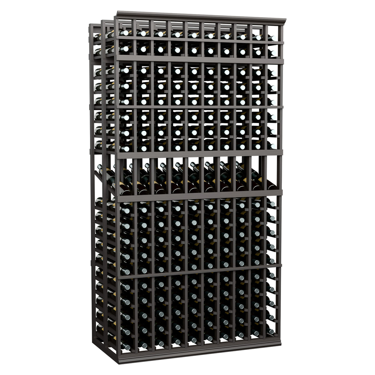 Double deep wine display rack with 10 columns, dark frame and bottle slots