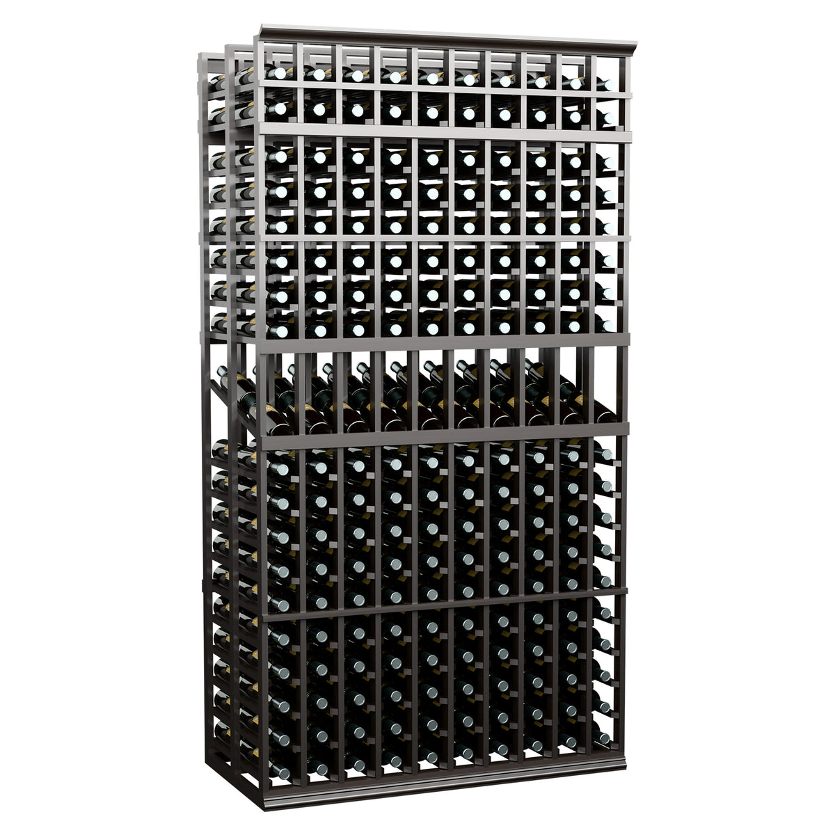 Double deep wine display rack with 10 columns, dark frame, angled view with bottle rows
