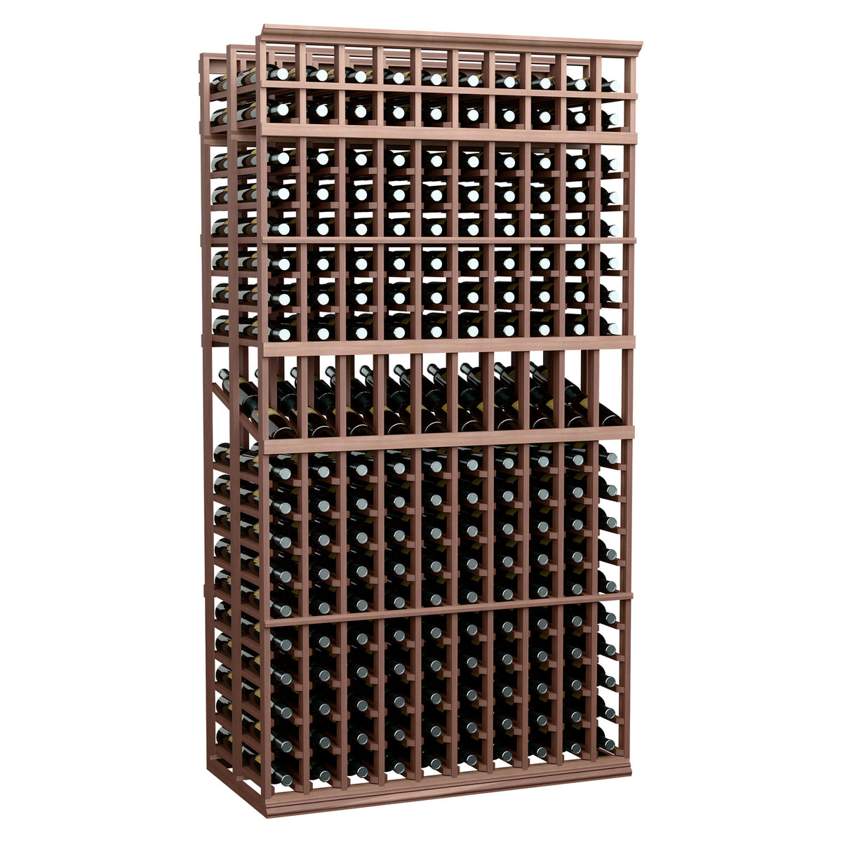 Dark wood double-deep wine bottle display rack, 10 columns, circular bottle slots
