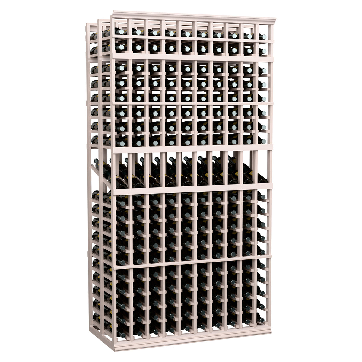 White-washed wood double-deep wine bottle rack, 10 columns, circular slots