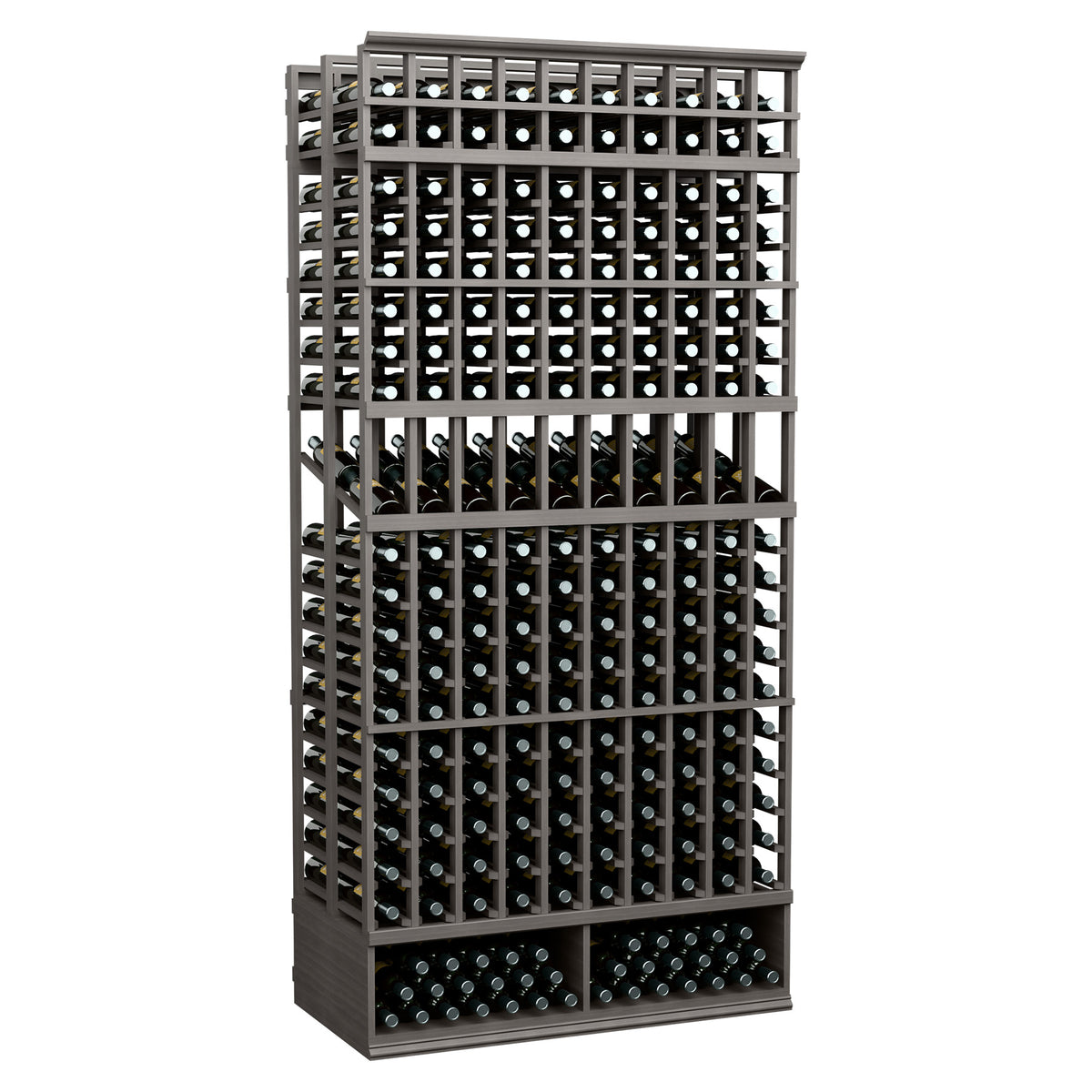 10-column double-deep wine rack with dark frame and front bottle-slot wire grid