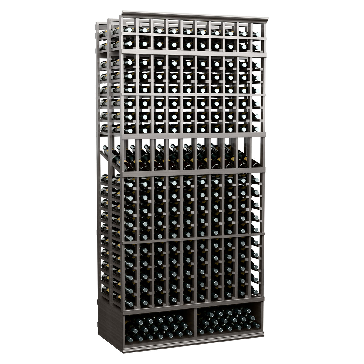 10-column double-deep wine display rack, dark wood frame with bottle grid shelves