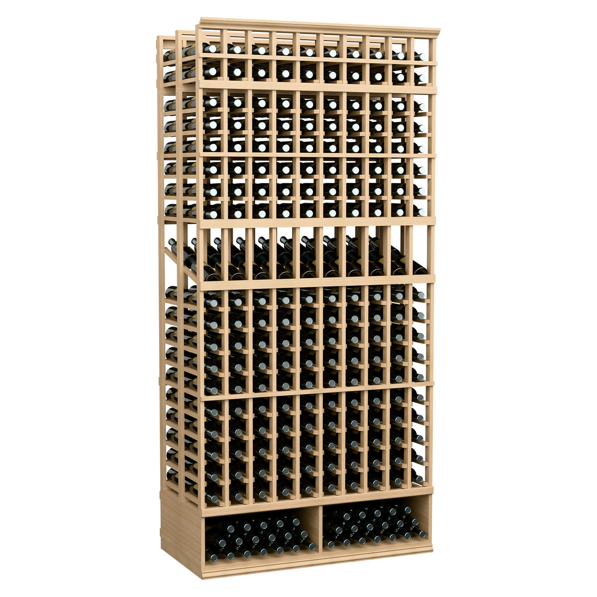 10-column double-deep wine display rack with light wood frame and bottle grid storage