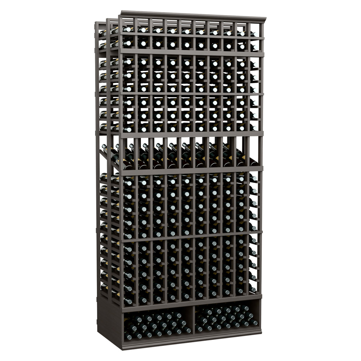 10-column double-deep wine display rack with dark stained frame and bottle-slot grid